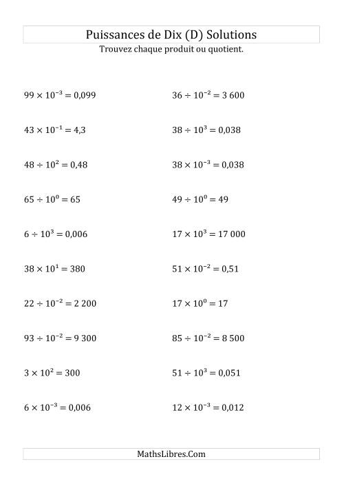 Multiplication et division de nombres entiers par puissances de dix (forme exposant) (D) page 2
