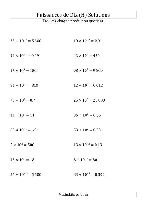 Multiplication et division de nombres entiers par puissances de dix (forme exposant) (H) page 2