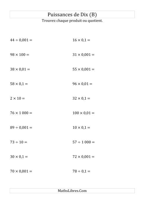 Multiplication et division de nombres entiers par puissances de dix (forme standard) (B)