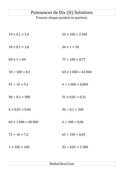Multiplication et division de nombres entiers par puissances de dix (forme standard) (H) page 2