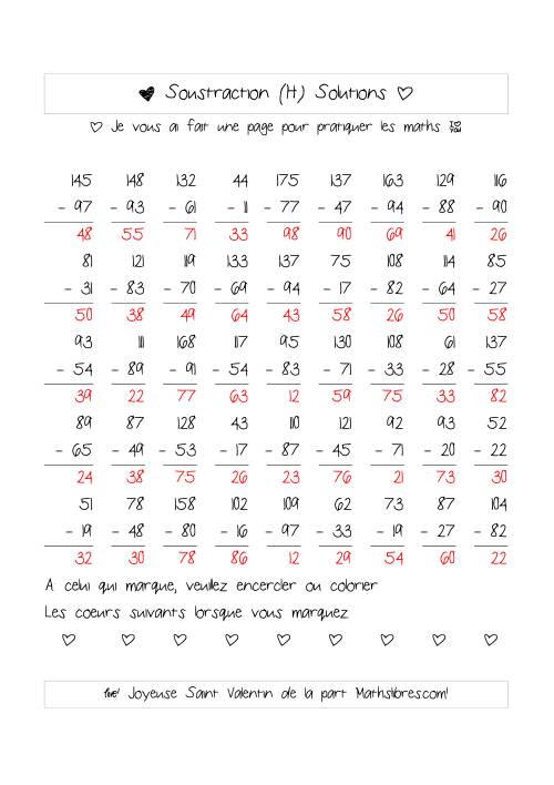 Soustraction de Nombres (Différence Inférieur à 100) (H) page 2