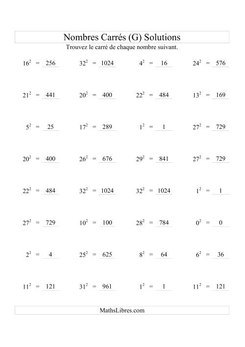 Nombres carrés jusqu'à 32 au carré (G) page 2