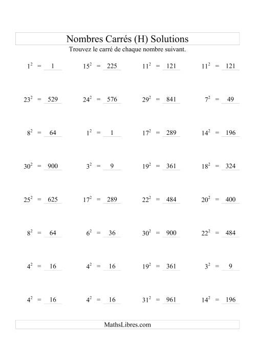 Nombres carrés jusqu'à 32 au carré (H) page 2