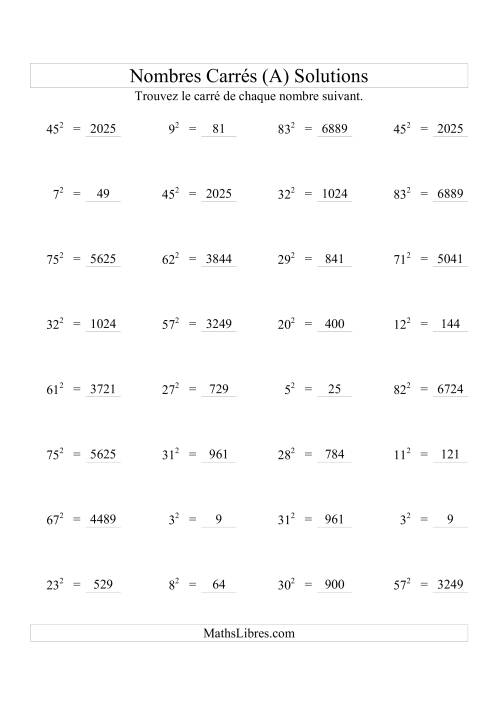 Nombres carrés jusqu'à 99 au carré (A) page 2