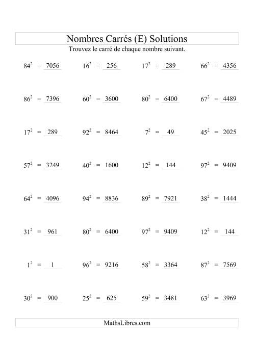 Nombres carrés jusqu'à 99 au carré (E) page 2