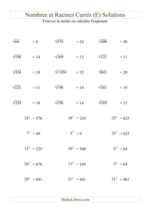 Nombres et racines carrés jusqu'à 32 au carré (E) page 2