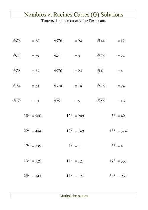 Nombres et racines carrés jusqu'à 32 au carré (G) page 2