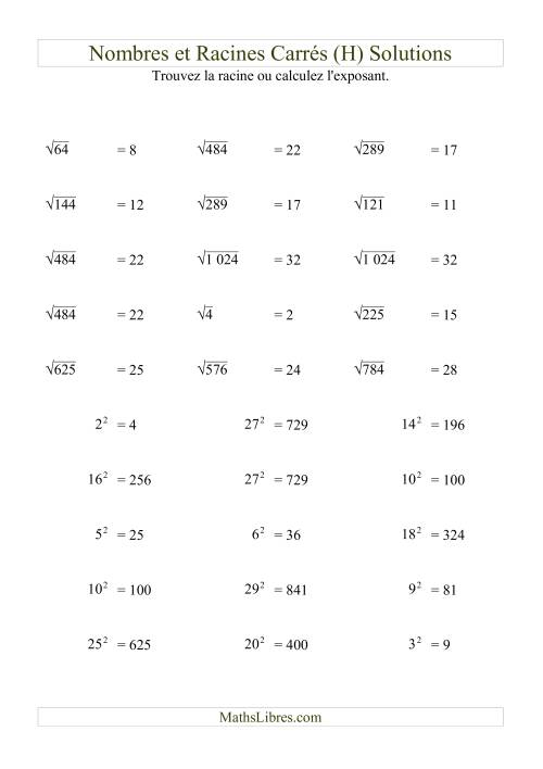 Nombres et racines carrés jusqu'à 32 au carré (H) page 2