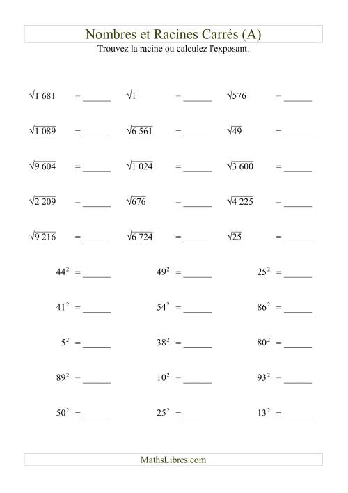 Nombres et racines carrés jusqu'à 99 au carré (A)