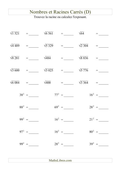 Nombres et racines carrés jusqu'à 99 au carré (D)