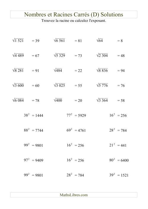 Nombres et racines carrés jusqu'à 99 au carré (D) page 2