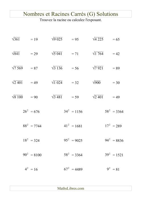 Nombres et racines carrés jusqu'à 99 au carré (G) page 2