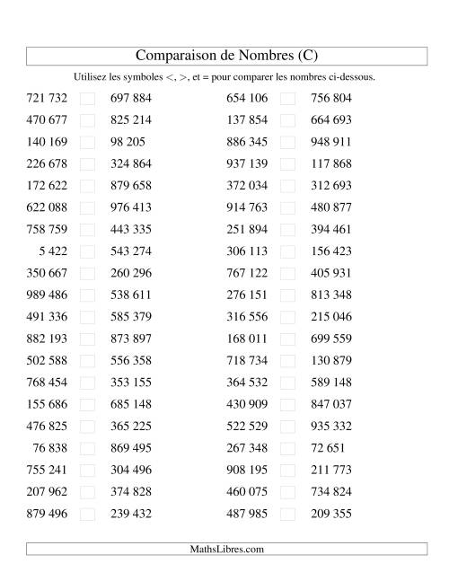 Comparaisons des chiffres jusqu'à 1 000 000 (version SI) (C)