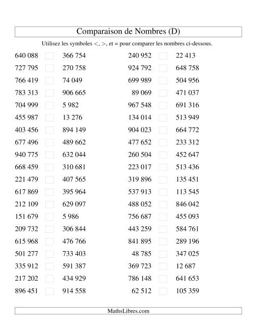Comparaisons des chiffres jusqu'à 1 000 000 (version SI) (D)