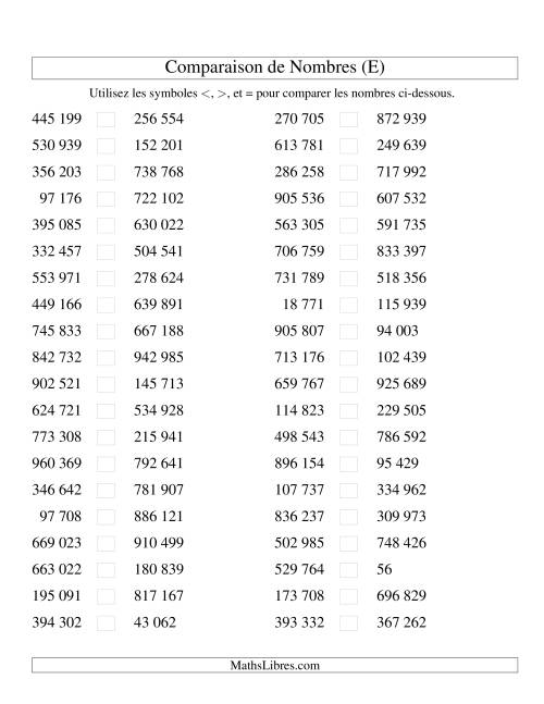 Comparaisons des chiffres jusqu'à 1 000 000 (version SI) (E)