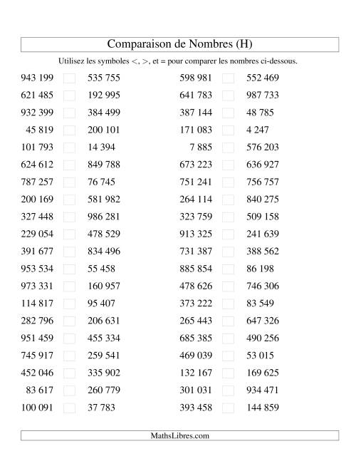 Comparaisons des chiffres jusqu'à 1 000 000 (version SI) (H)