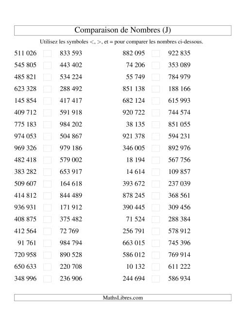 Comparaisons des chiffres jusqu'à 1 000 000 (version SI) (J)