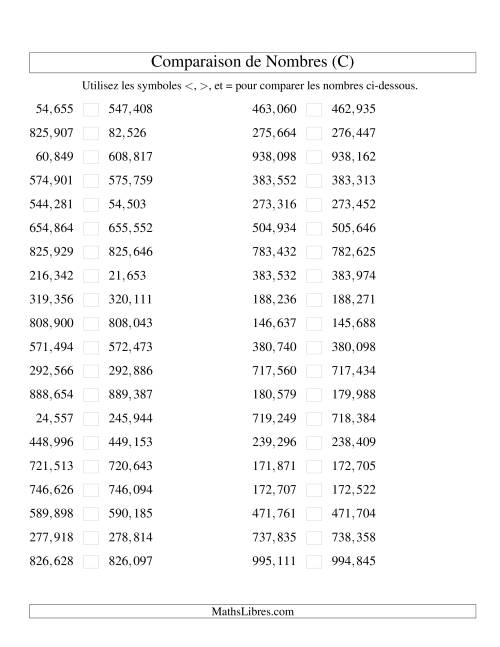 Comparaisons des chiffres jusqu'à 1,000,000 rapprochés (version US) (C)