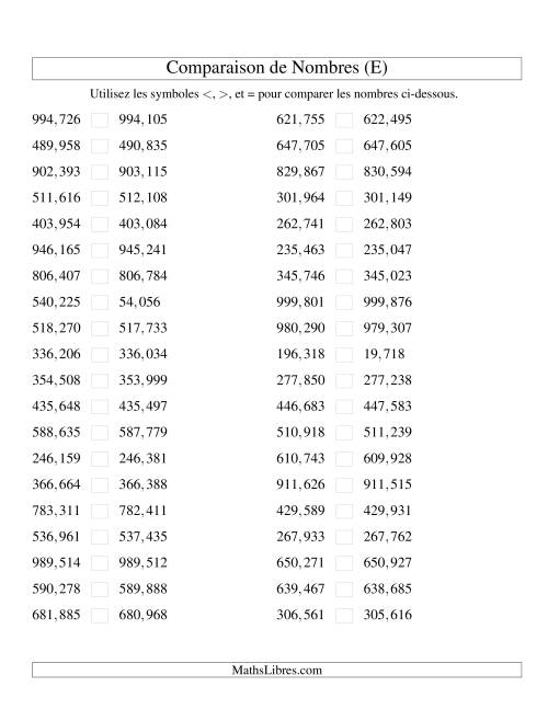 Comparaisons des chiffres jusqu'à 1,000,000 rapprochés (version US) (E)