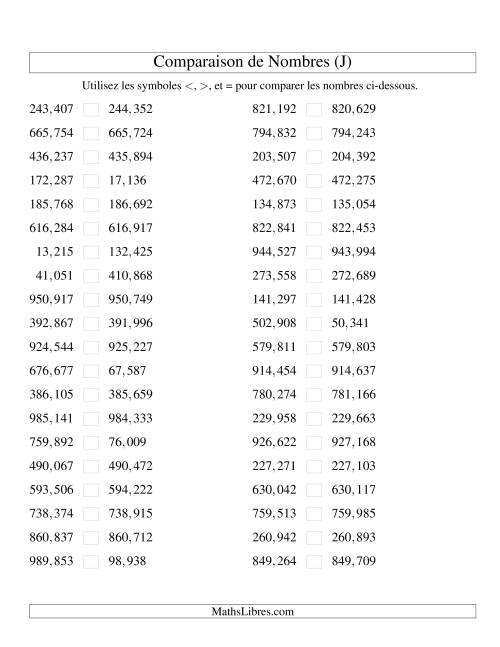 Comparaisons des chiffres jusqu'à 1,000,000 rapprochés (version US) (J)