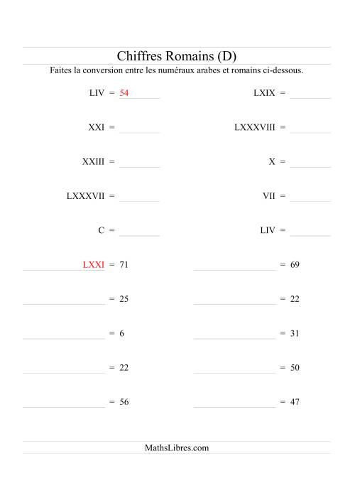 Conversion de chiffres romains jusqu'à 100 (format standard) (D)