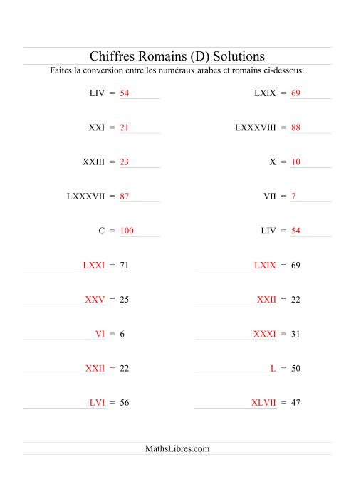 Conversion de chiffres romains jusqu'à 100 (format standard) (D) page 2