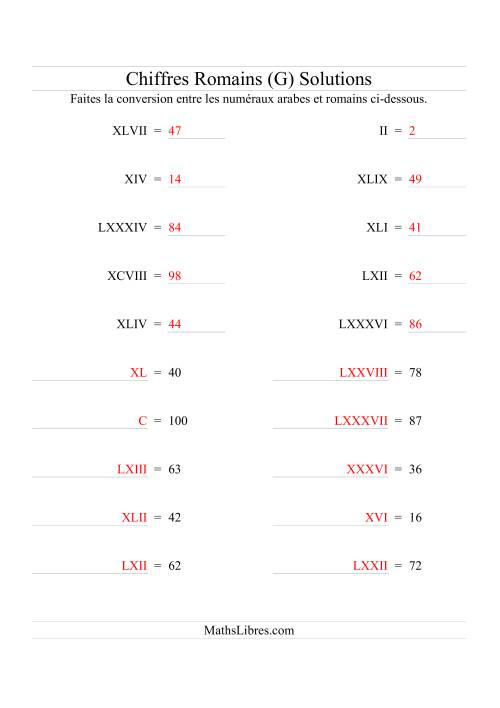 Conversion de chiffres romains jusqu'à 100 (format standard) (G) page 2