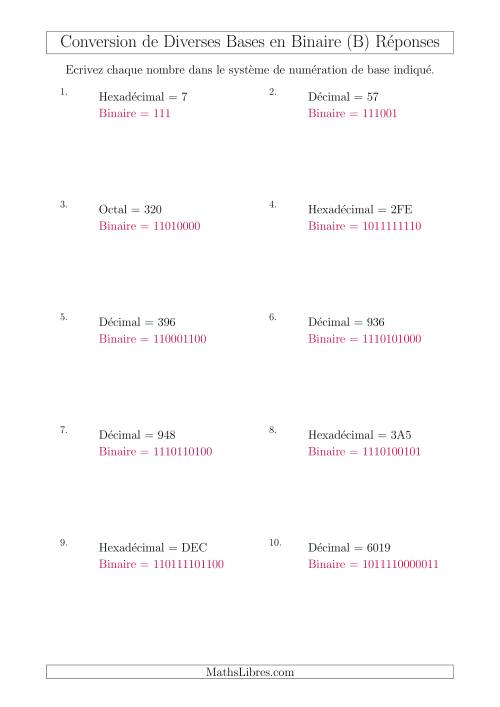 Conversion de Divers Systèmes de Numération de Base en Nombres Binaires (B) page 2