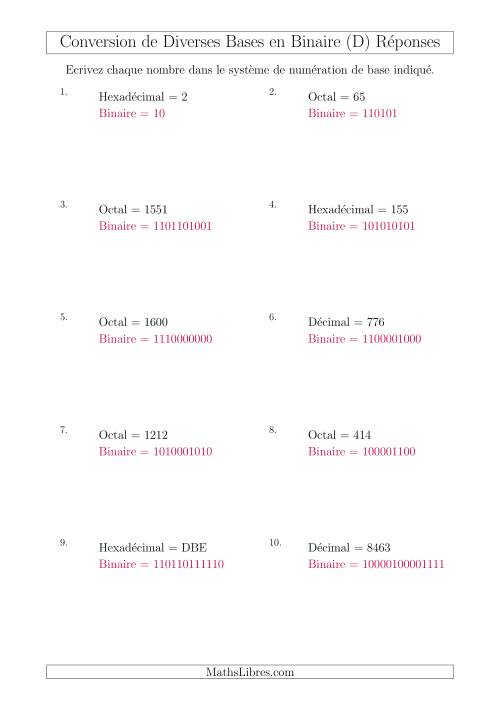 Conversion de Divers Systèmes de Numération de Base en Nombres Binaires (D) page 2