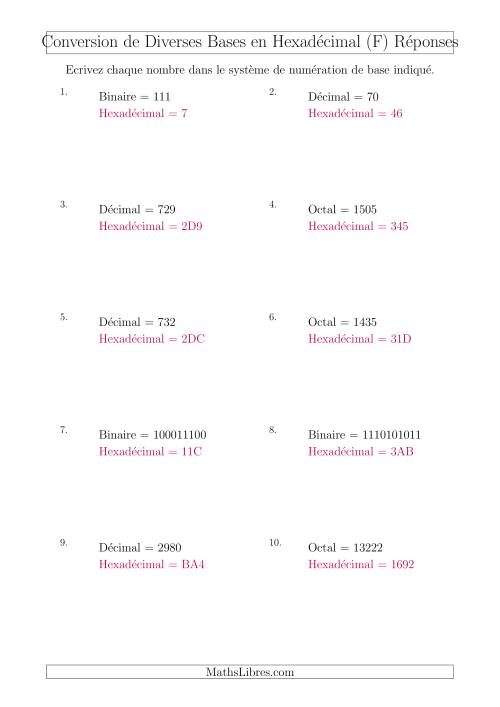 Conversion de Divers Systèmes de Numération de Base en Nombres Hexadécimaux (F) page 2