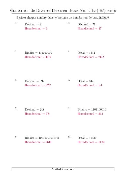Conversion de Divers Systèmes de Numération de Base en Nombres Hexadécimaux (G) page 2