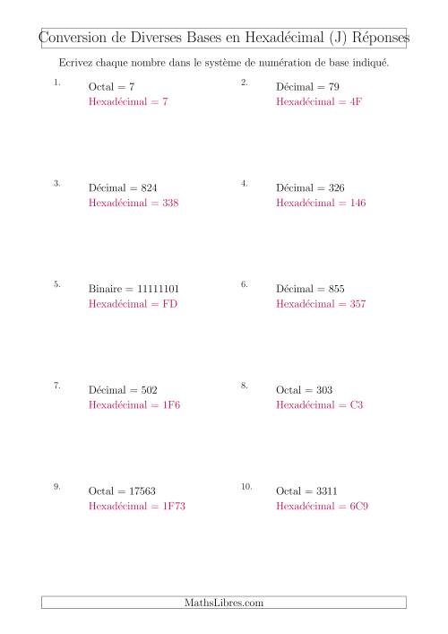Conversion de Divers Systèmes de Numération de Base en Nombres Hexadécimaux (J) page 2