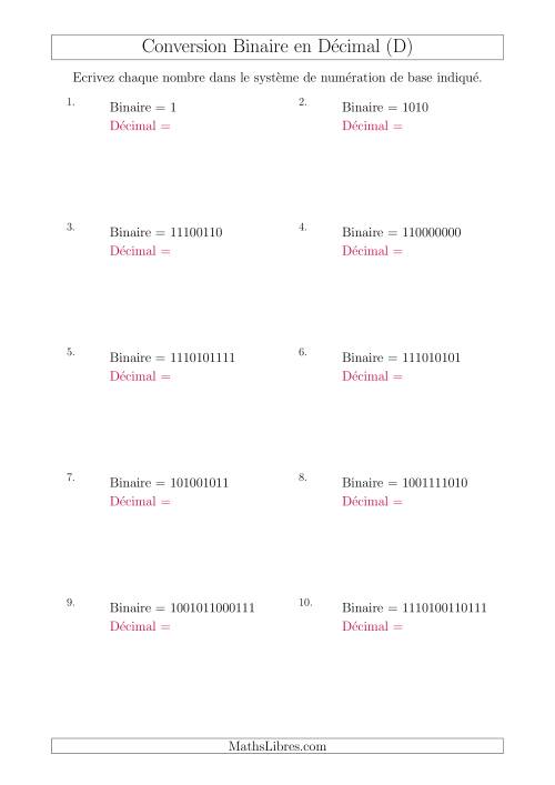 Conversion de Nombres Binaires en Nombres Décimaux (D)
