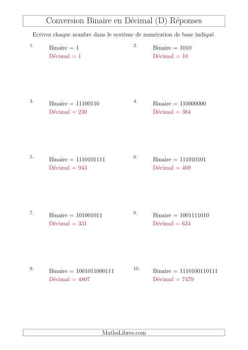 Conversion de Nombres Binaires en Nombres Décimaux (D) page 2