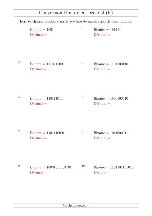 Conversion de Nombres Binaires en Nombres Décimaux (E)