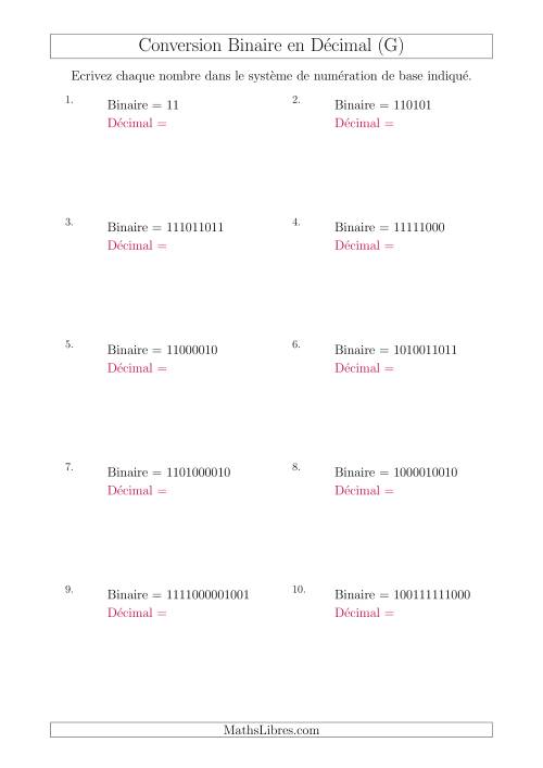 Conversion de Nombres Binaires en Nombres Décimaux (G)