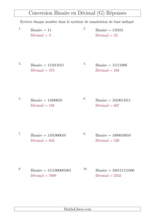 Conversion de Nombres Binaires en Nombres Décimaux (G) page 2