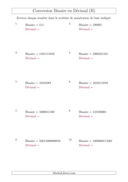 Conversion de Nombres Binaires en Nombres Décimaux (H)