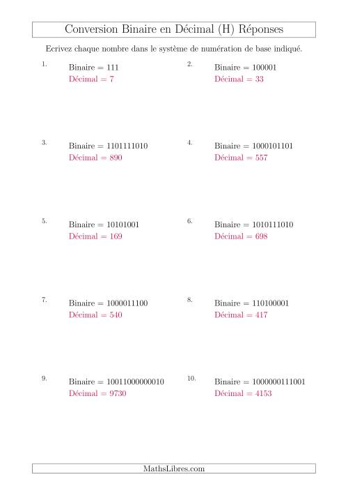 Conversion de Nombres Binaires en Nombres Décimaux (H) page 2