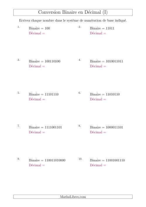 Conversion de Nombres Binaires en Nombres Décimaux (I)