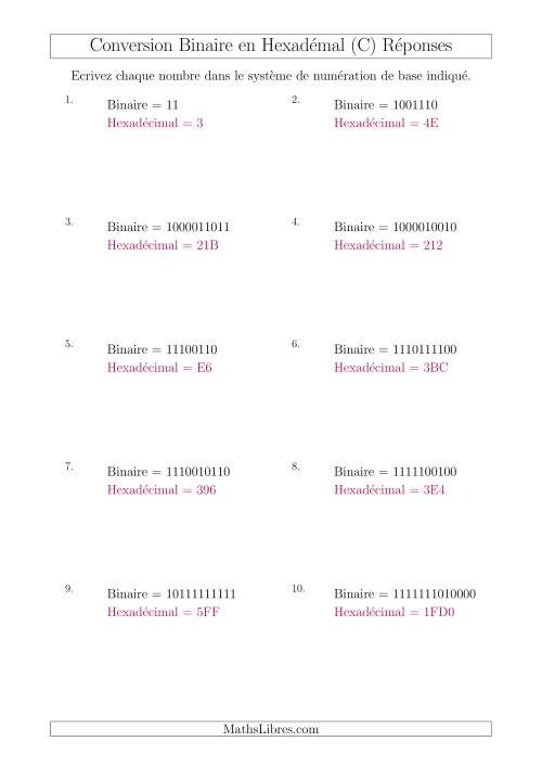 Conversion de Nombres Binaires en Nombres Hexadécimaux (C) page 2