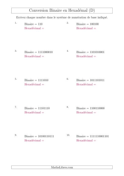 Conversion de Nombres Binaires en Nombres Hexadécimaux (D)