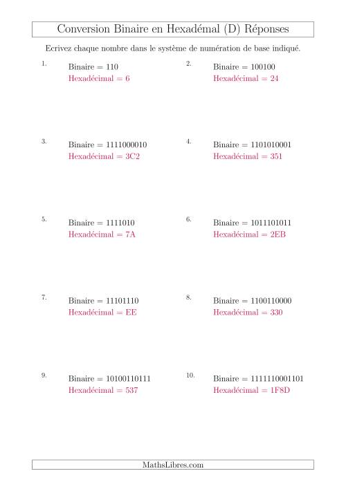 Conversion de Nombres Binaires en Nombres Hexadécimaux (D) page 2