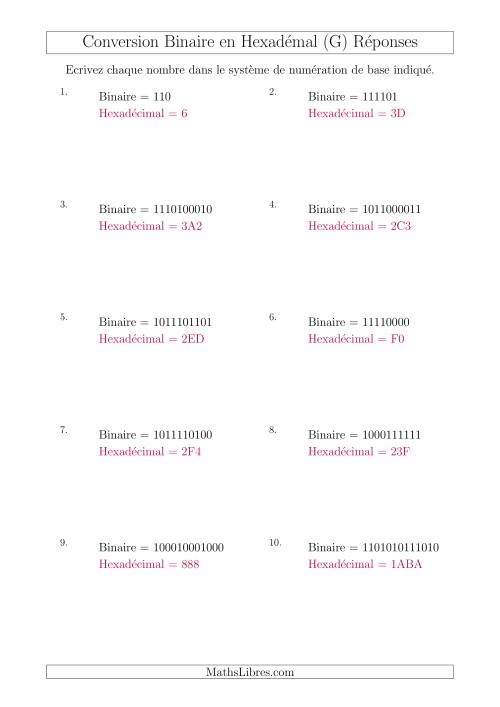 Conversion de Nombres Binaires en Nombres Hexadécimaux (G) page 2