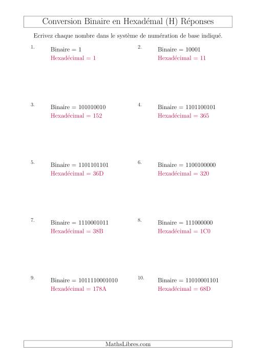 Conversion de Nombres Binaires en Nombres Hexadécimaux (H) page 2