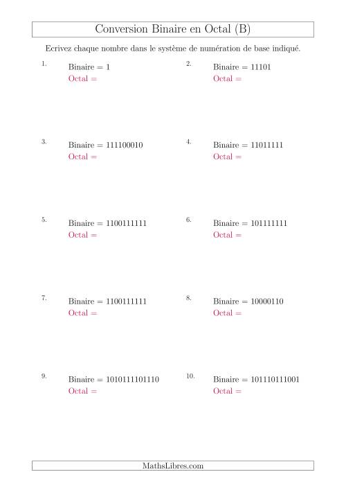 Conversion de Nombres Binaires en Nombres Octaux (B)