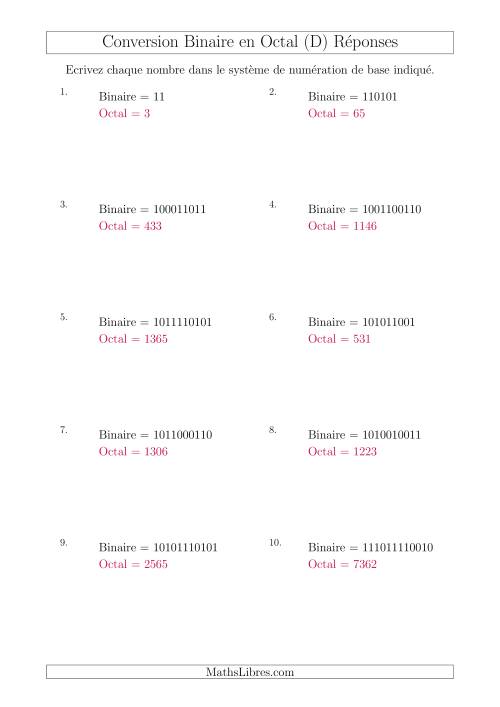 Conversion de Nombres Binaires en Nombres Octaux (D) page 2
