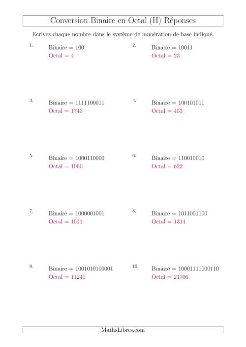 Conversion de Nombres Binaires en Nombres Octaux (H) page 2
