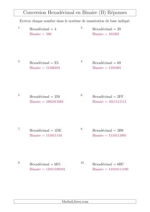 Conversion de Nombres Hexadécimaux en Nombres Binaires (B) page 2