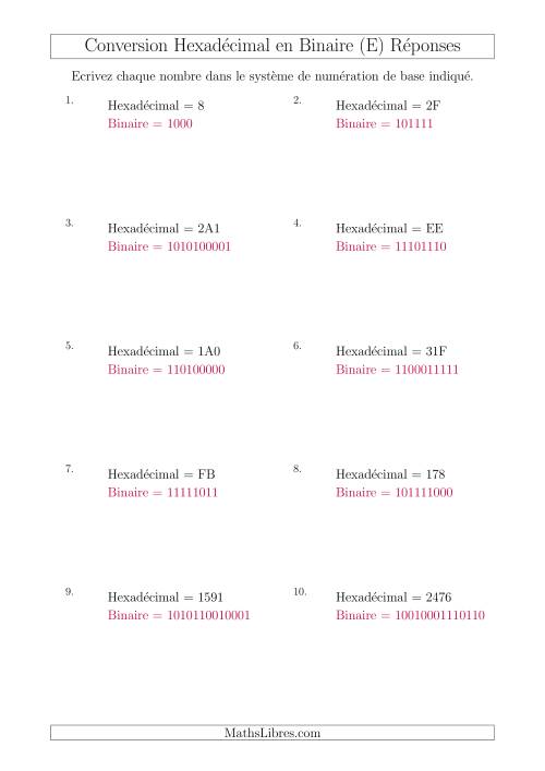 Conversion de Nombres Hexadécimaux en Nombres Binaires (E) page 2